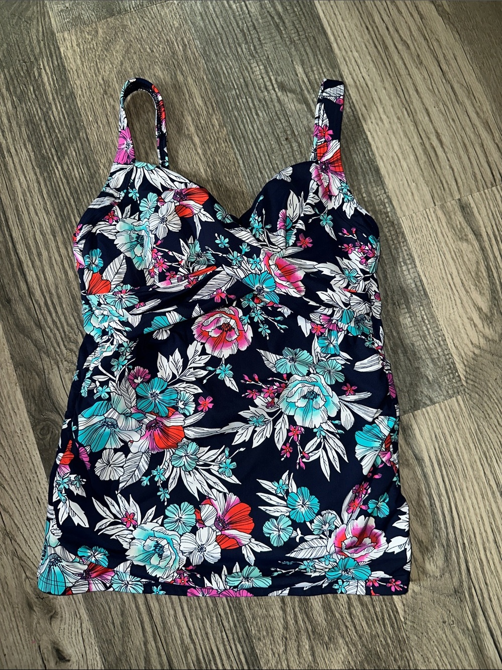 Lands End Floral Navy Tankini Top with‎ Pink & Teal Flowers womens size 6L